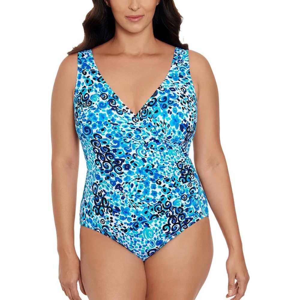 Swim Solutions Womens Printed V-Neck One-Piece Swimsuit Blue 12